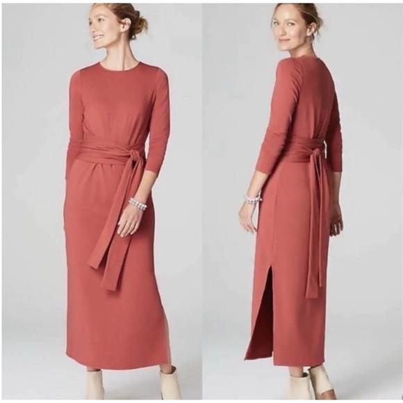 Pure J. Jill NWT Large Petite Brick Red Orange Pima Cotton Side Slit Midi Dress - Picture 2 of 15